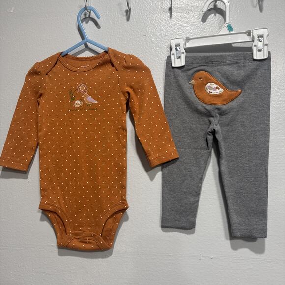 Lot of 3 Carters Baby Girls 9M Bodysuits & Pant Bird Flowers Print Brown Gray - Picture 3 of 5